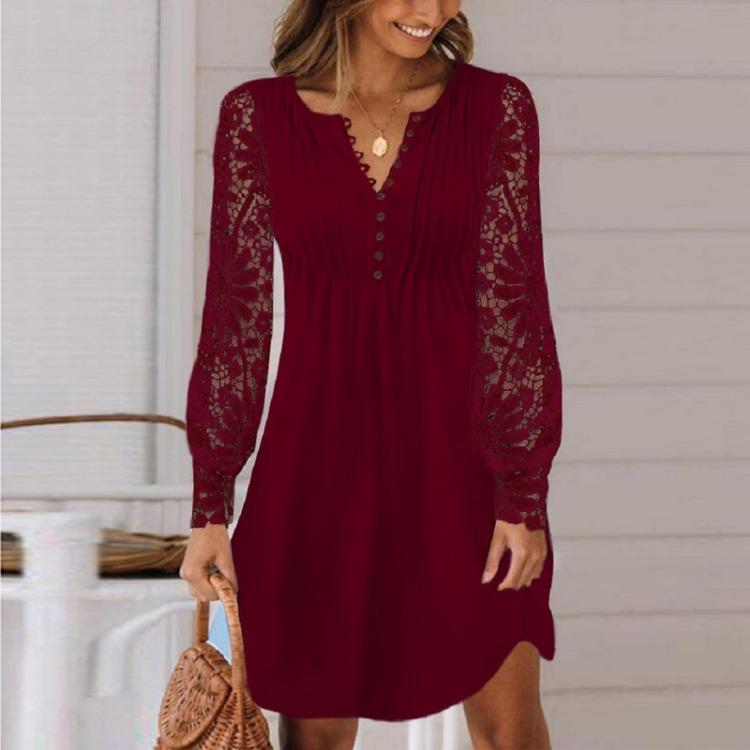 Summer Party Dress Women Lace Splice Long Sleeve Button Round Neck Summer Dress S