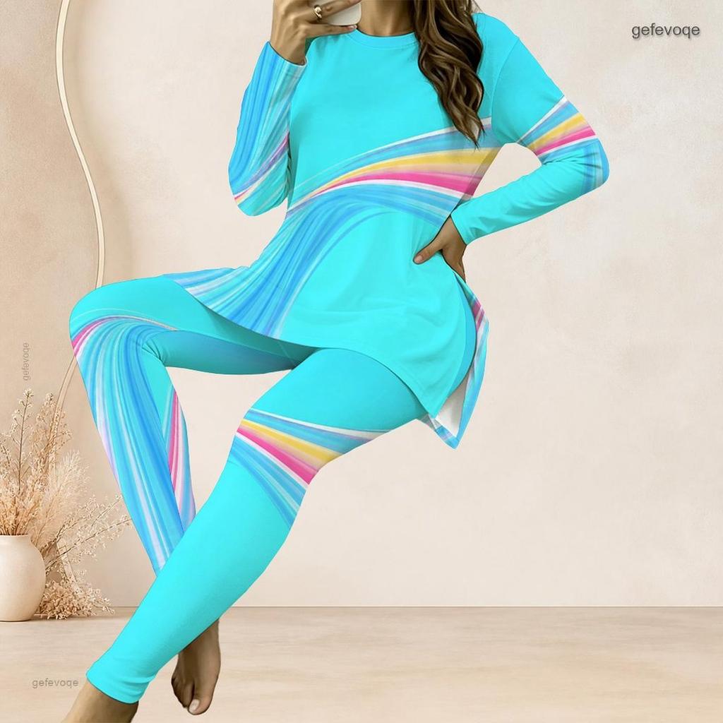 Women Plus Size Two Piece Pants Set Round Neck Long Sleeve Colorful Swirl Printed Longline Top Fitted Pants