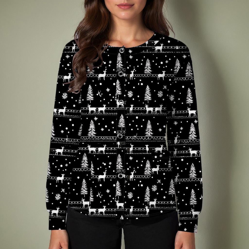 Women's Casual Long-sleeved Single-breasted Christmas Printed Protective Clothing Cardigan Top