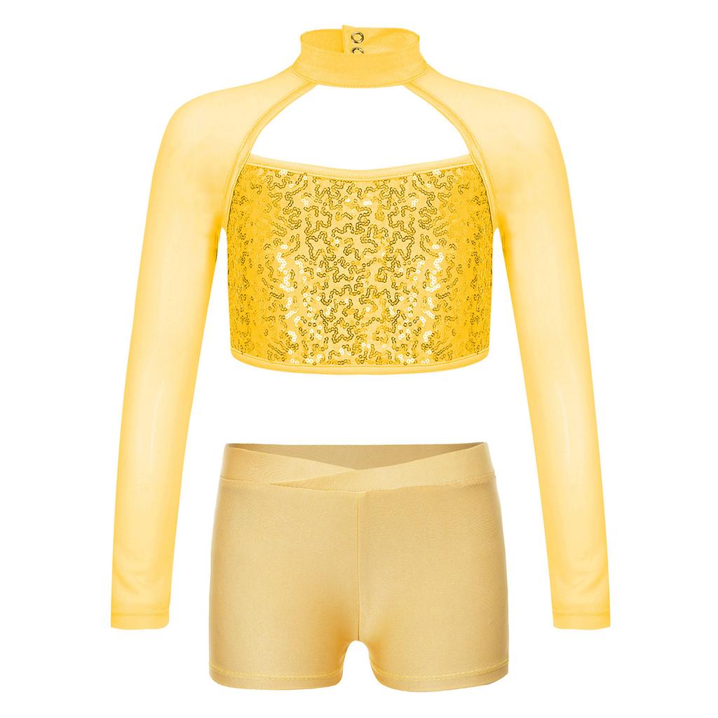 Girls Shiny Sequins Crop Top Sheer Mesh Mock Neck Long Sleeve Cutout V Waistband Shorts Dance Outfit