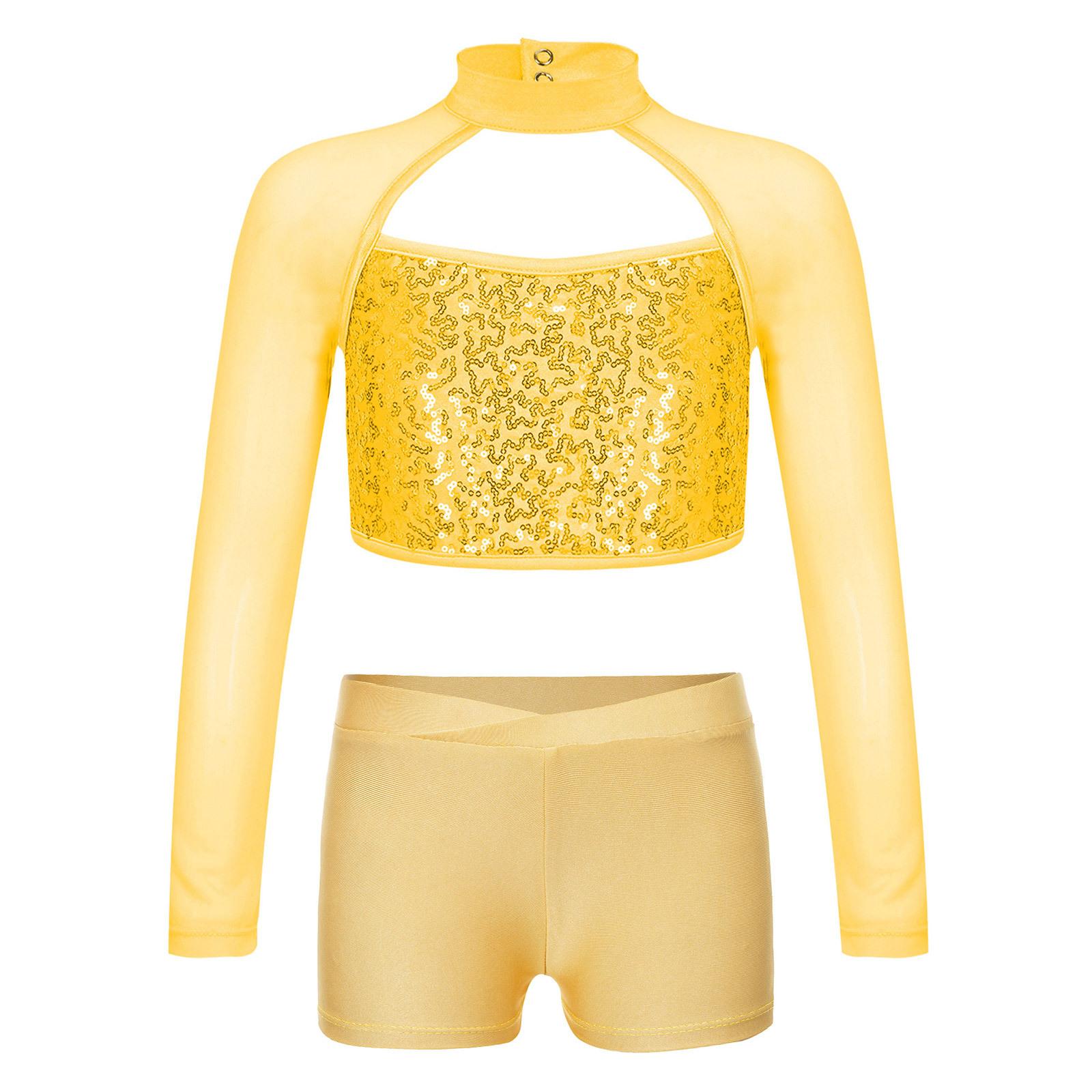 

Girls Shiny Sequins Crop Top Sheer Mesh Mock Neck Long Sleeve Cutout V Waistband Shorts Dance Outfit золотий