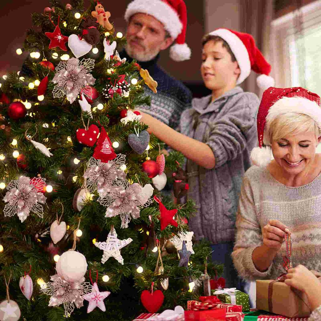 Red LED Lights Christmas Tree Garland Pendant Gold Tinsel Artificial Flowers Wreath Glitter Powder