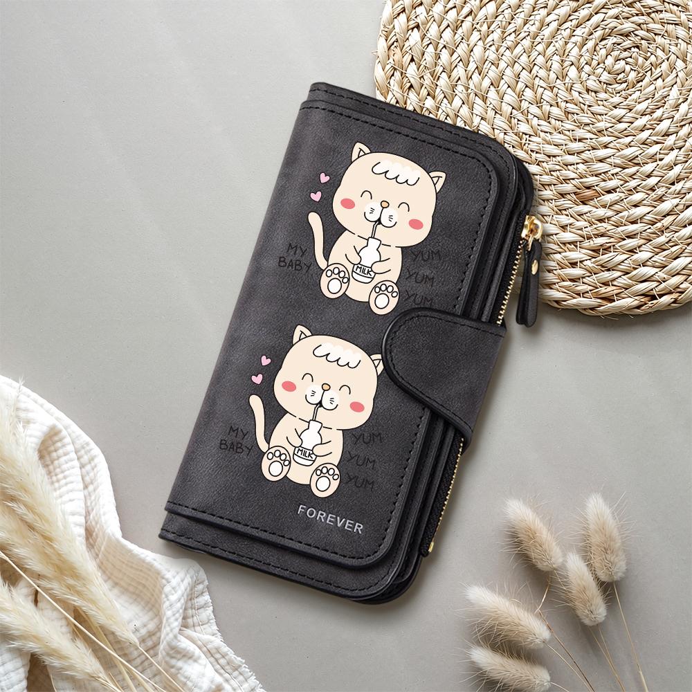 Cute Cat Print Long Wallet for Women Casual Large Capacity Card Holder Fashion Portable Purse