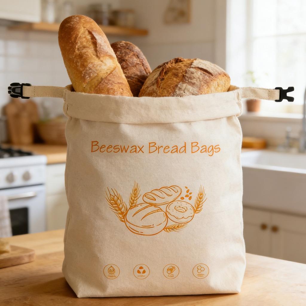 Organic Cotton Bees Wax Food Storage Bag with Elastic Bands and Carabiner Sustainable Kitchen Essential For Bread Cheese