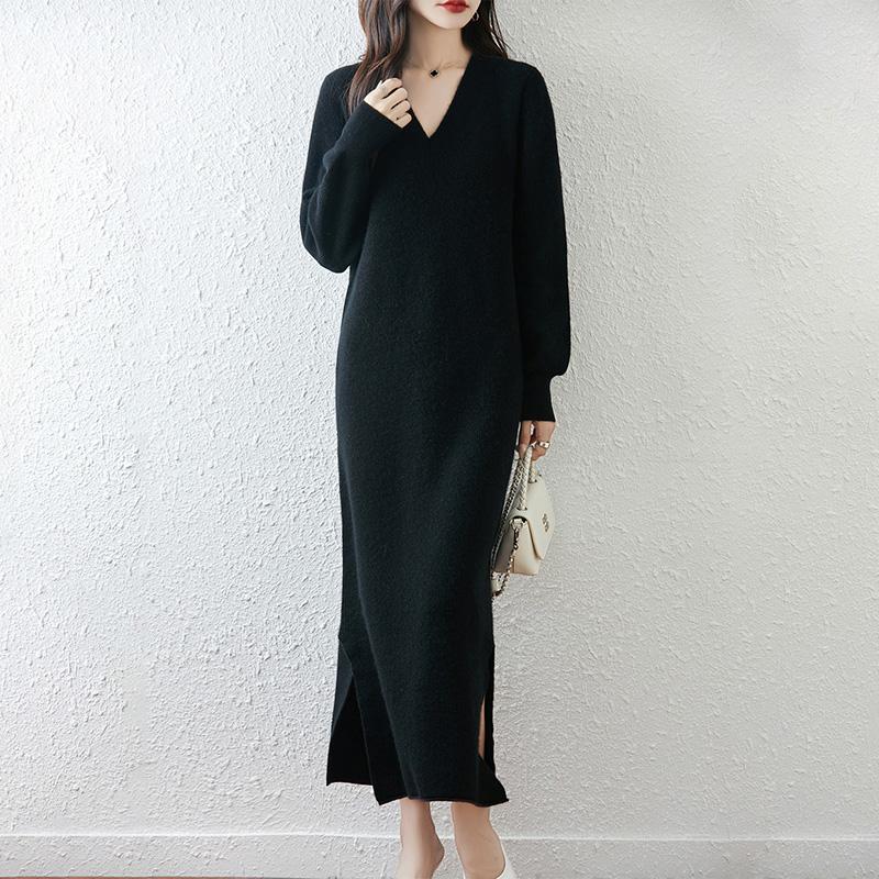 Women Sweater Dress 100% Wool MODERN NEW SAGA V-neck Knit Long Pullover Winter Jumpers Wool Long Dress Female
