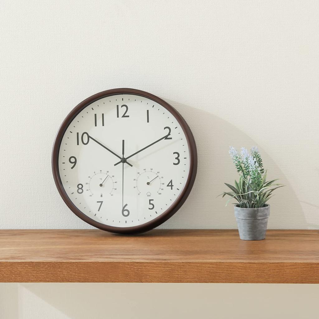 Fujiboeki Wall Clock Width 25.5 X Depth 4.3 X Height 25.5 Cm Brown Miel 28199 Small with Temperature and Hygrometer
