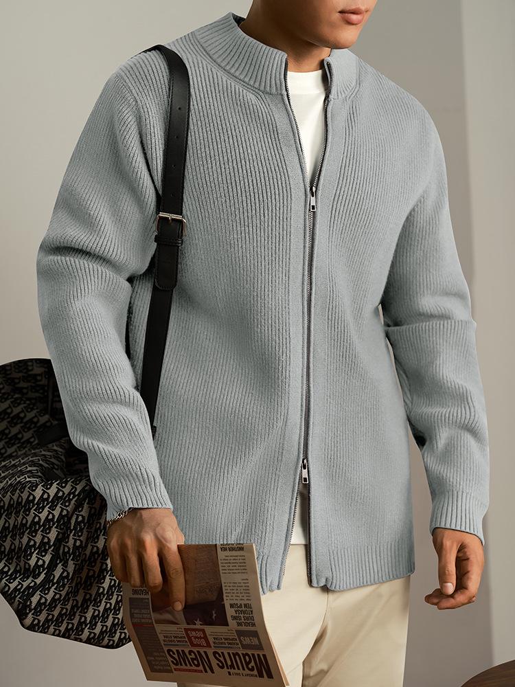 Men's High Neck Double Zipper Cardigan Sweater Jacket - Solid Color, Loose-Fit Knit Top for Autumn and Winter