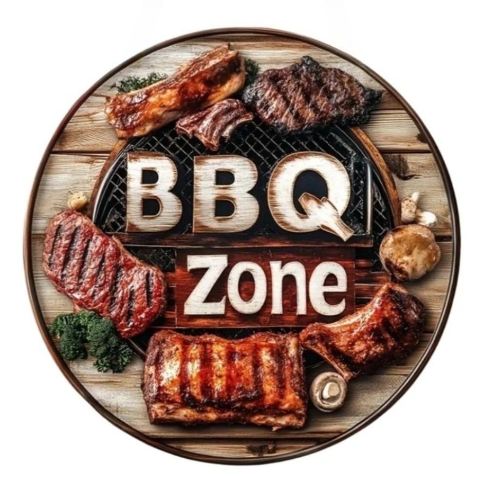 Vintage BBQ Area Round Metal Tin Sign Grilled Steak Vegetables Flame Pattern Retro Wall Decor for Backyard Patio Bar