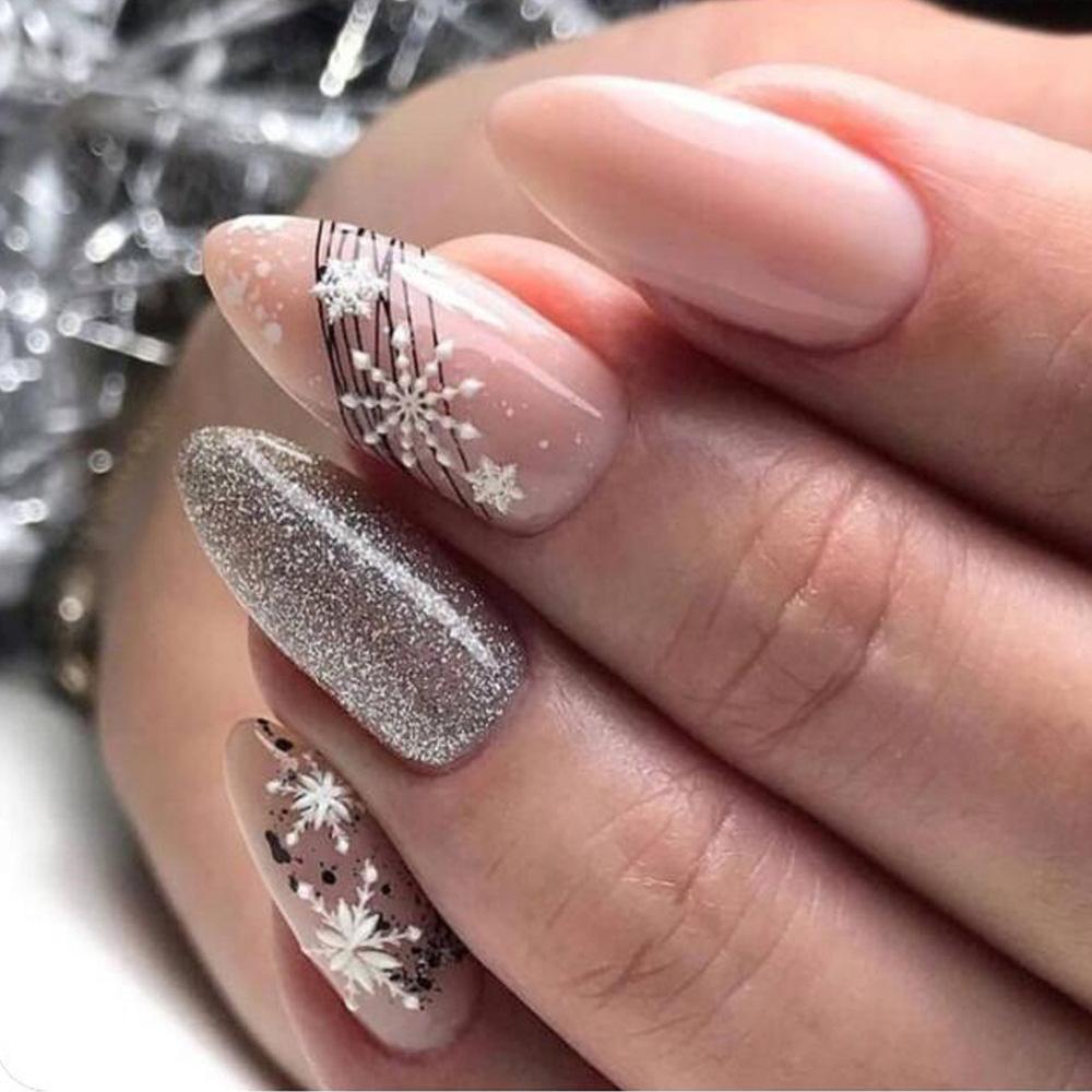 24Pcs Christmas Press on Nails White Snowflake Fake Nails French Almond Glitter Artificial Nails Full Cover Nail New Year Gifts