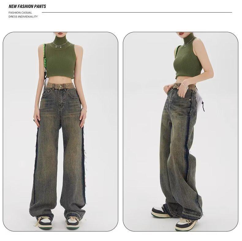 Women's High Waist Retro Distressed Wide-Leg Jeans - Spring/Autumn