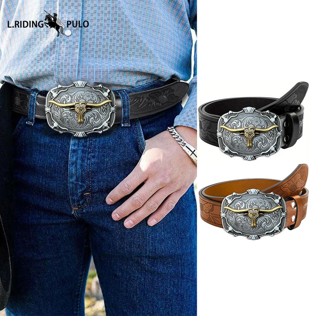 Pánský westernový kovbojský pásek s přezkou s býčí hlavou, retro embosovaný kožený pásek, trend