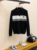 European Men's Luxury Knit Polo with Stripe Patchwork and Triangle Logo