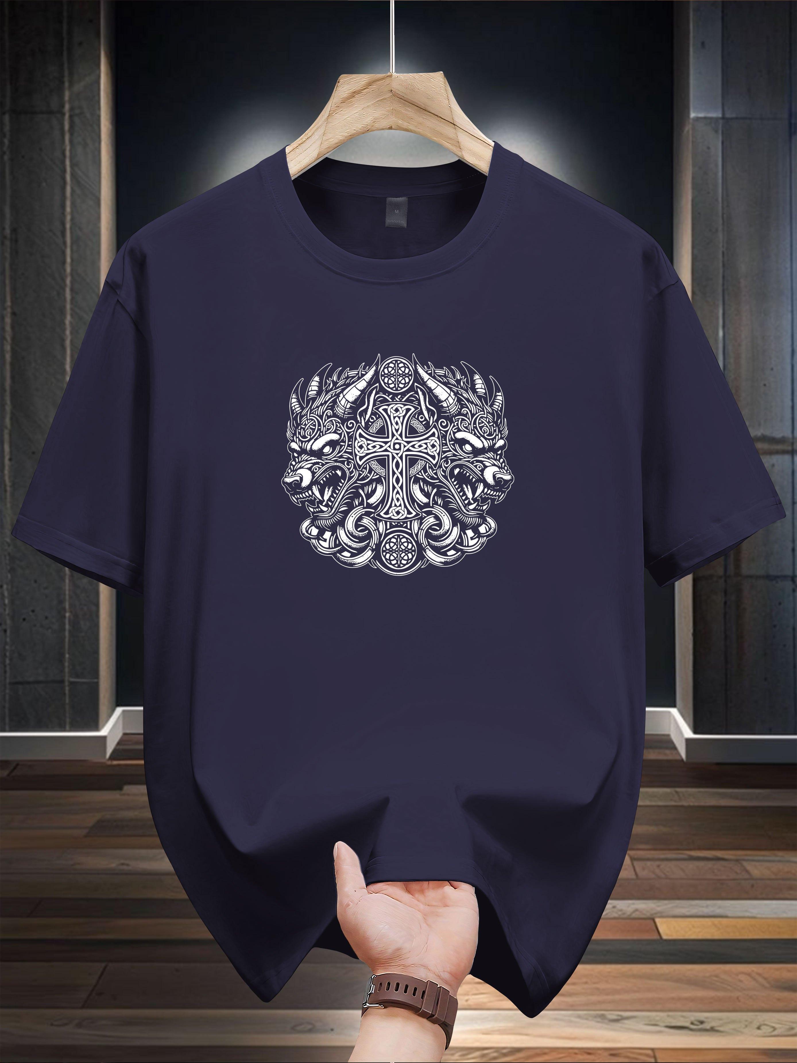 Niuwang Selection 200g 100% Cotton Short Sleeve T-shirt - Casual Regular Fit Round Neck with Intricate Chest Print S