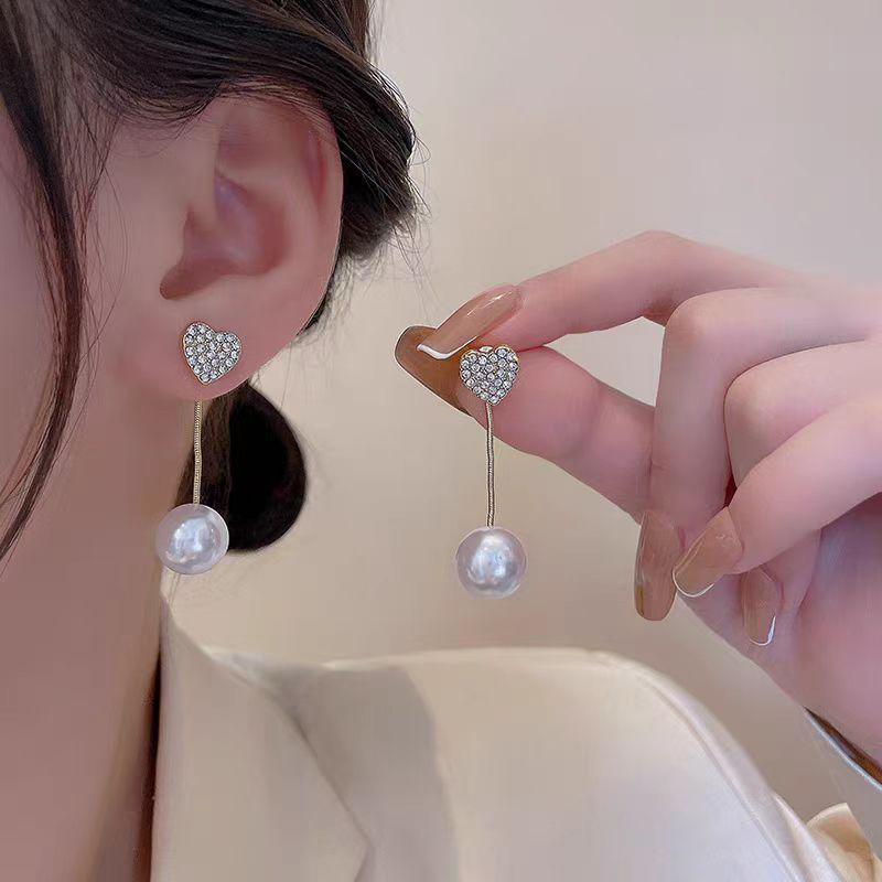 Pearl & Rhinestone Heart Earrings: Elegant Two-Way Wear Jewelry золотой