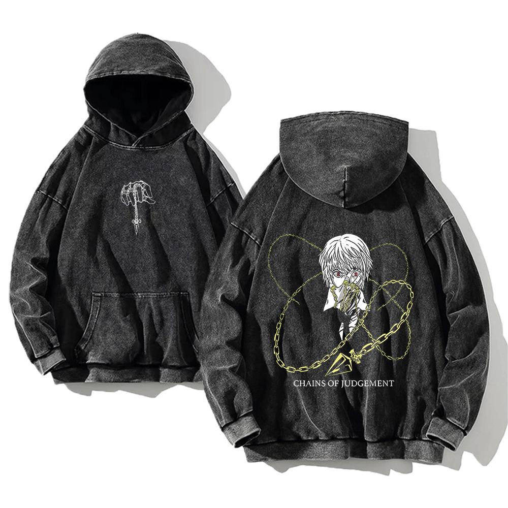 Anime Hunter X Hunter Killua Print Washed Hooded Men Manga Vintage Hoodies Oversized Cotton Sweatshirt Harajuku Male Streetwear