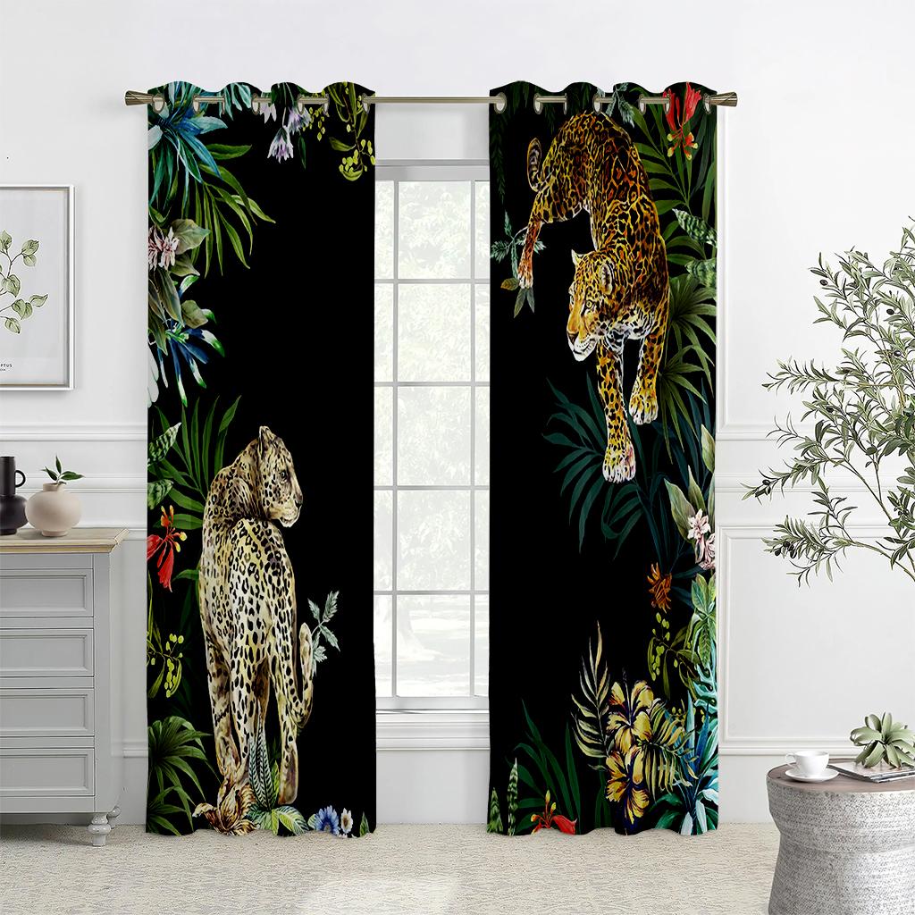 Závěsy se zvířecím potiskem v deštném pralese, polozatemňovací, závěsy s poutky na tyč pro kuchyň, kavárnu, obývací pokoj, domácí dekorace