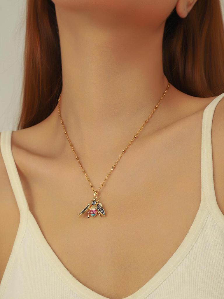 18K Gold Titanium Steel Bee Necklace with Zircon Inlays for Women - European & American Style