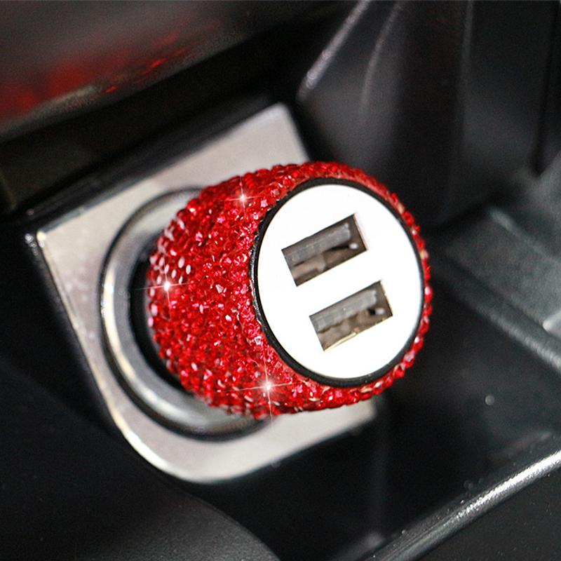 Bling Crystal 12V Car Charger Dual Port Fast Adapter Car Cigarette Lighter Extension Cord Car Accessories Interior