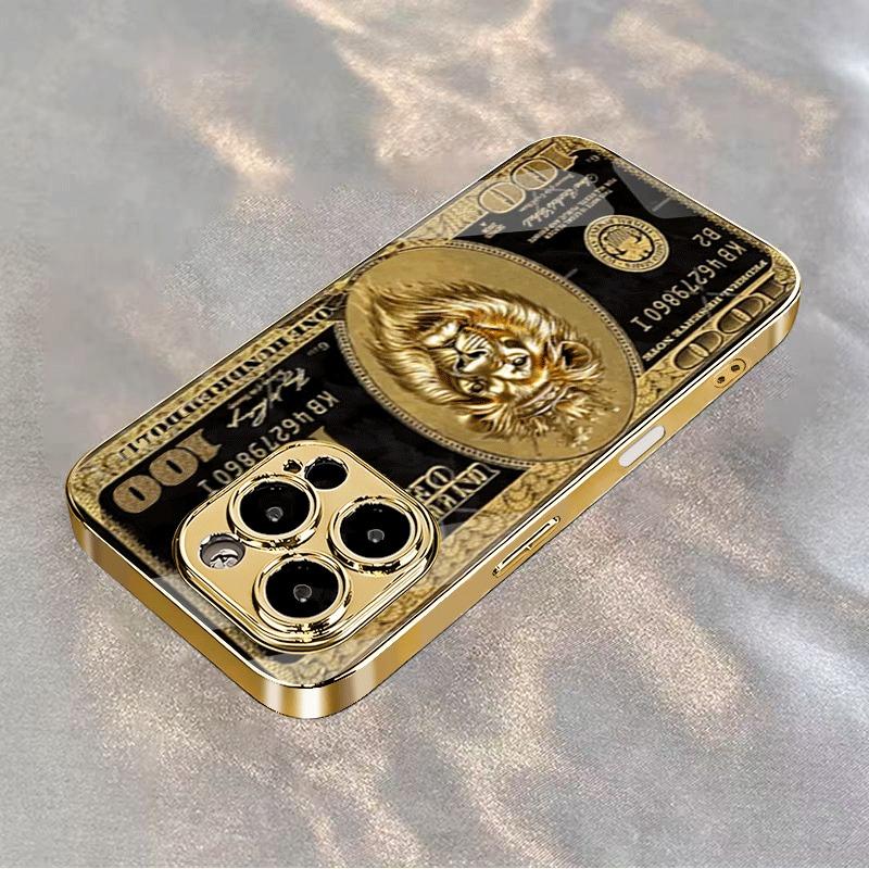 Etui na telefon szklane z wzorem Lwa Bogactwa, malowane złotym metalicznym lakierem, dla iPhone 17 16 15 14 13 12 11 Pro Max 15 14 Plus 17 Air 16E