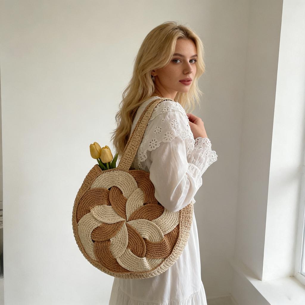 Women's Boho Crochet Round Bag Handwoven Floral Tote Bag Large Capacity Shoulder Bag for Beach Travel Daily Bohemian Style