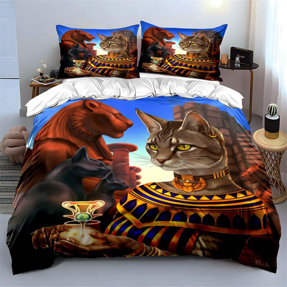 3Pcs Egyptian Bastet Cat Goddess Bedding Set, Ancient Egypt Pharaoh Cat Print Duvet Cover, Duvet Cover + 2 Pillowcases, Gifts