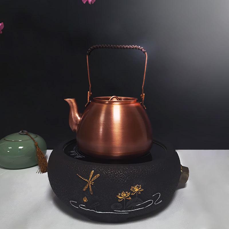 Handcrafted Exquisite Copper Electric Teapot, 1L Capacity, Purple Brass Finish with Handle - Perfect for Boiling Tea.