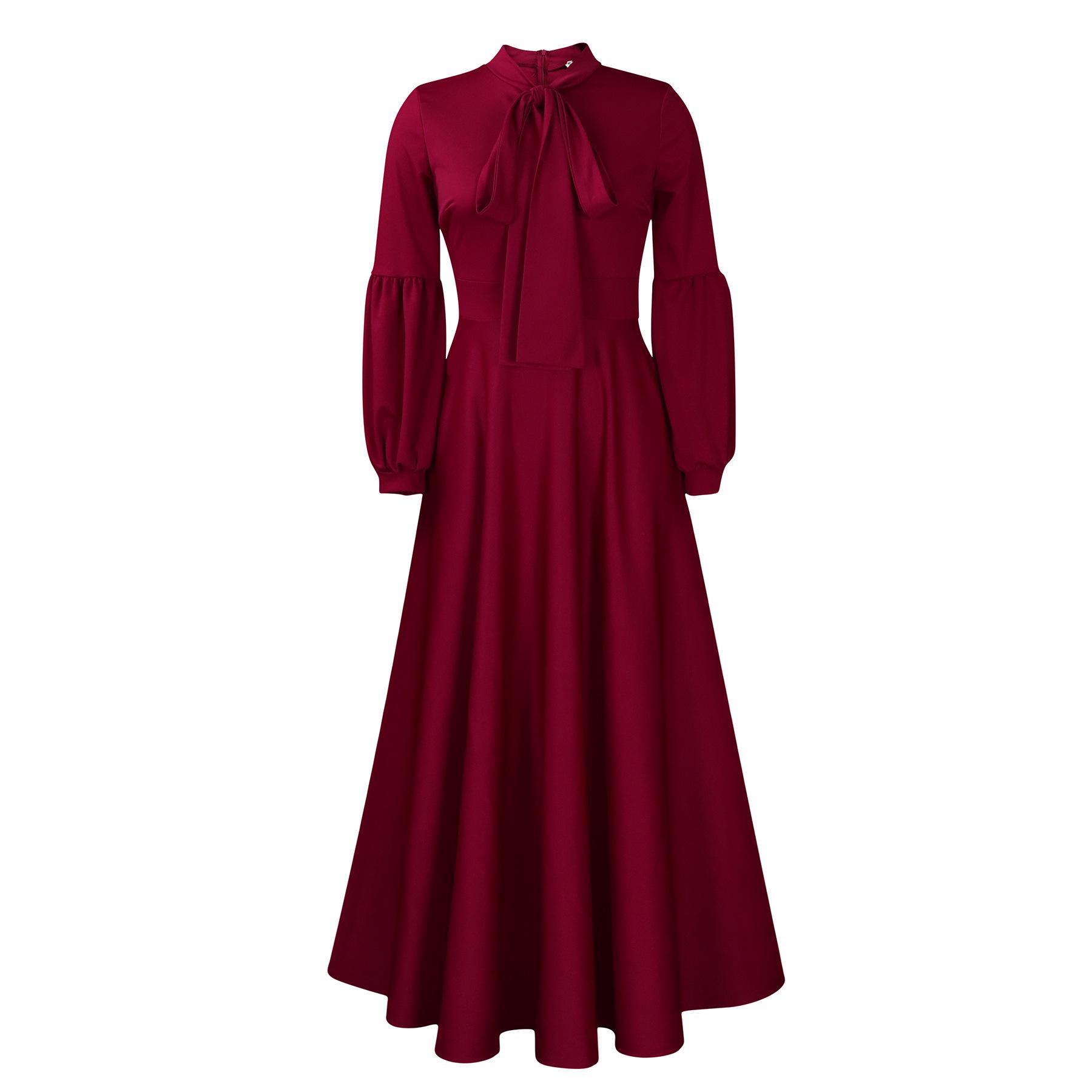 

Осенне-зимнее платье макси с рукавами-буфами и завышенной талией - Однотонное, Большого размера, в африканском стиле S красный