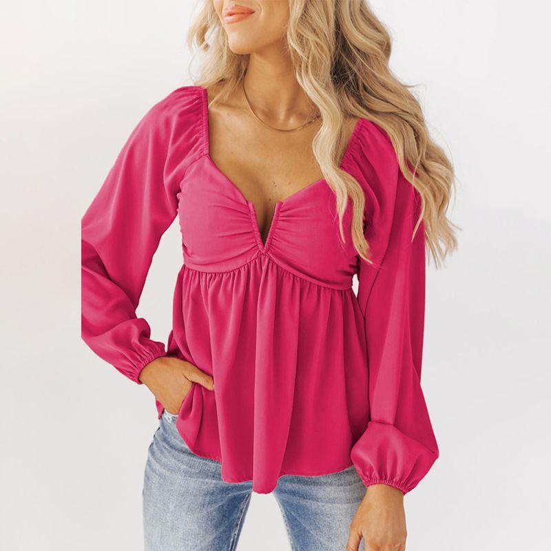 

Fall 2024 New Arrival Sexy V-neck Low Cut Shirt Women European and American Leisure Pure Color Loose Pleating Long Sleeves Pullover Rose Red P6 Size S fit (45.00 kg-55.00 kg