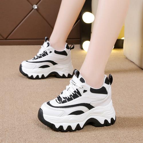fashion Women Thick Bottom Leather Sneakers New 2024 Chunky Breathable Female Casual Shoes Ladies High Platform White Sports Shoes 8CM