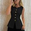 Spring and Summer Women's Metal Buckle Split Knitted Vest Slim Waistcoat Top Cardigan