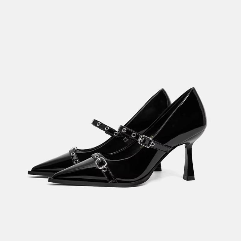

French Pointed Toe Rivet High Heels Women 2026 New Sexy Stiletto Beautiful Shallow Slip Strap Single Shoes 35 чёрный