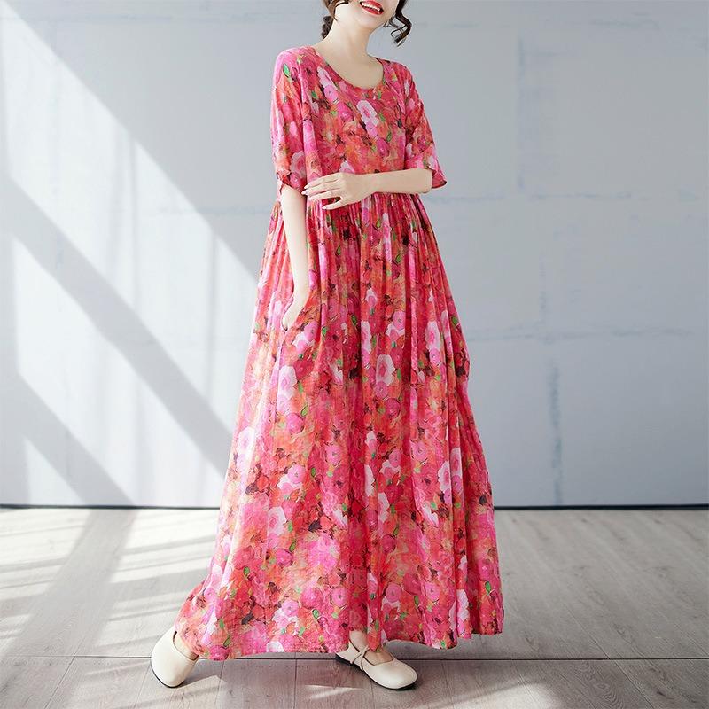 Summer New Simple Bohemian Long Dress Fattened and Enlarged Short-sleeved Crew Neck Printed Dress Women's Clothing