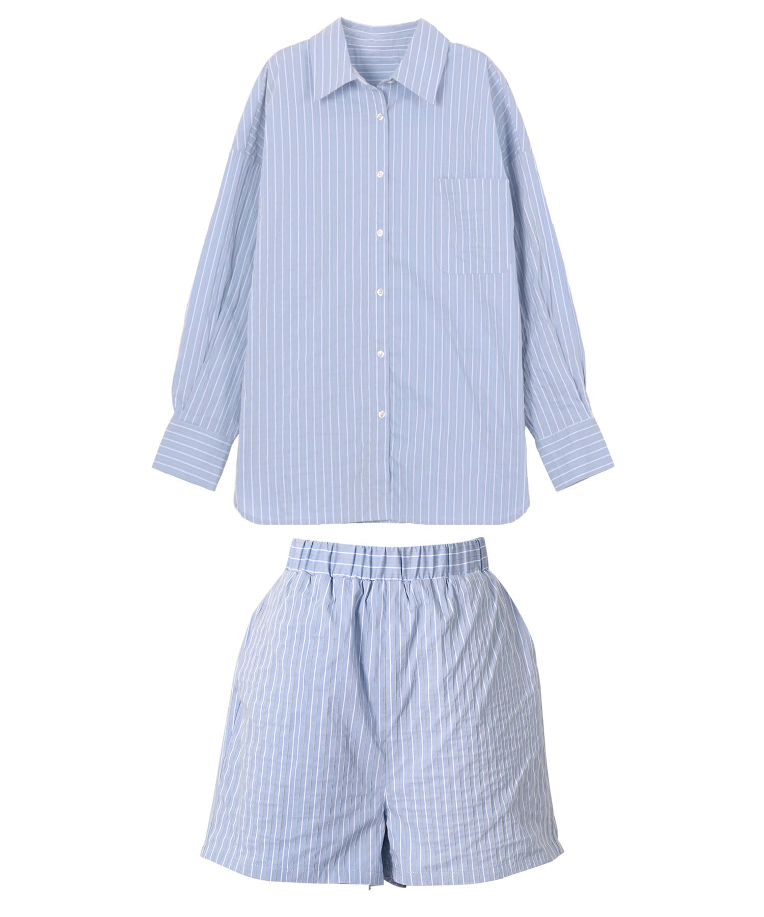 

Комплект полосатой рубашки и шорт Kobe Lettuce для весны и удобного размера, синий, женский, летний, для дома, M, [E3474] синий