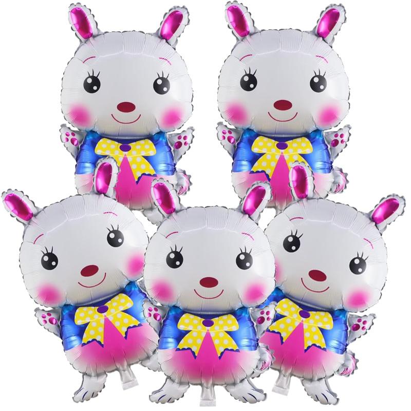 5pcs Easter Cute Rabbit Balloons White Bunny Shaped Balloons Happy Easter Foil Balloons for Easter Party Decors Kids Birthday