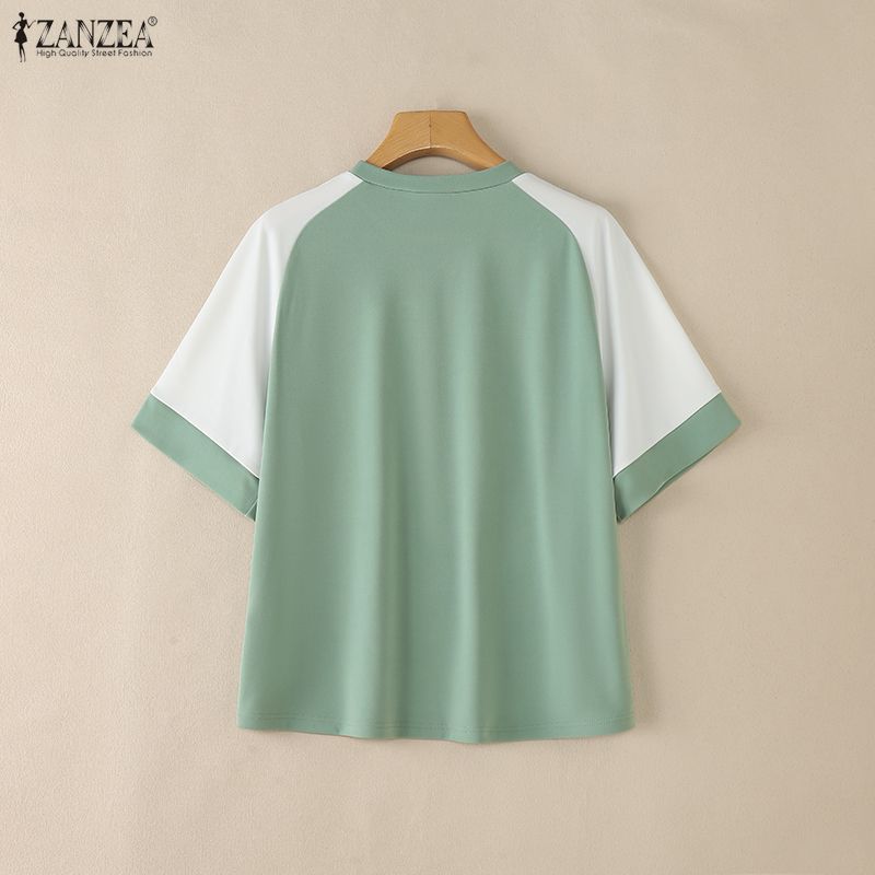 ZANZEA Women Casual Round Neck Loose Splice Short Sleeve T-Shirts