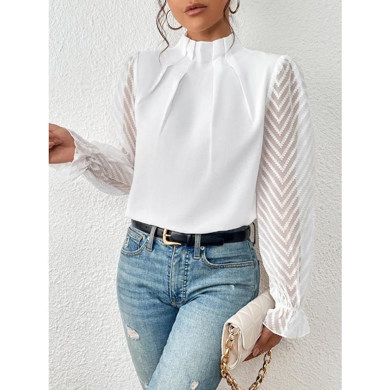 Half High Collar Long Sleeve Wavy Splicing Blouse Elegant Women Spirng Autumn Shirt Ladies Solid Color Loose Tops Sweet Simple Office Pleated Clothing