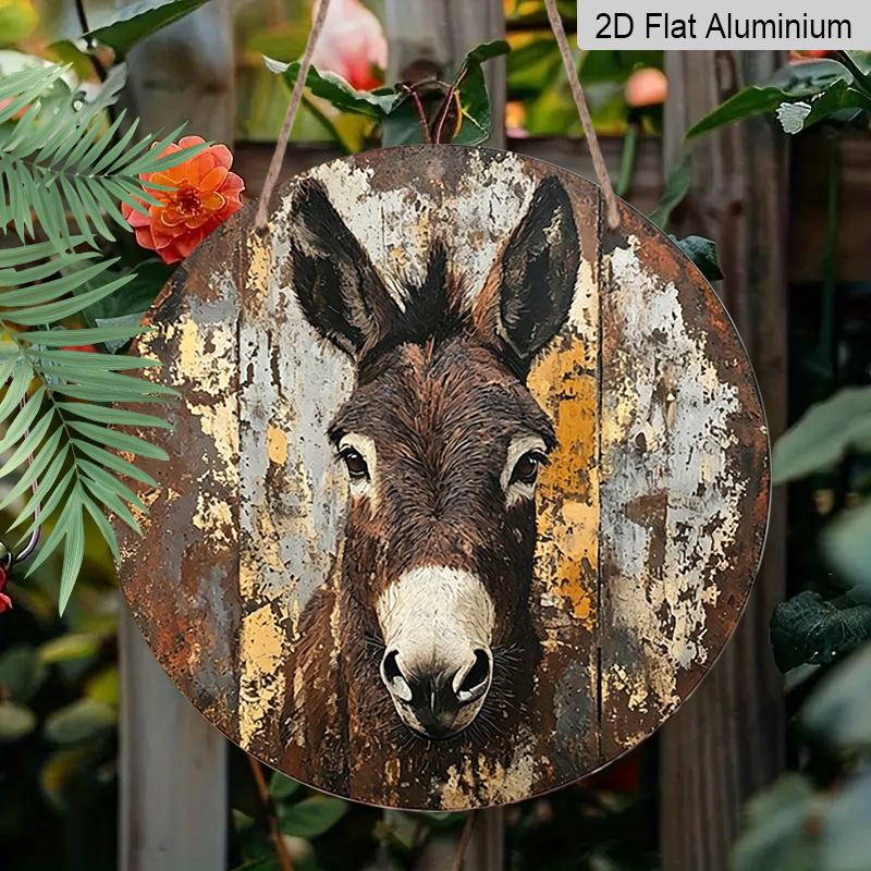 2D Flat, 1pc Round Aluminum Donkey Portrait Vintage Metal Sign, Retro Farm Animal Art Print with Distressed Rustic Finish - Vintage Wooden Background