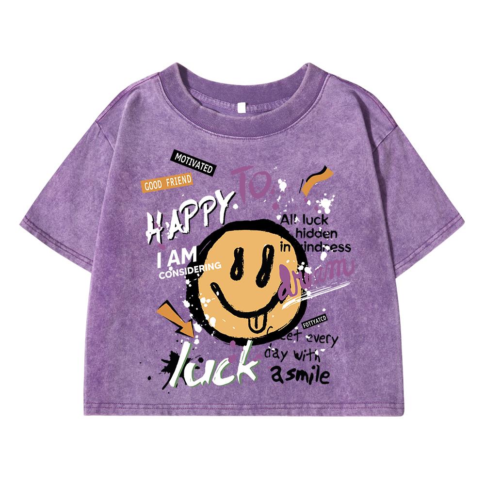 Happy To Luck Cartoon Printing Women Washed Shrot Clothes Casual Fashion Tshirts Street Breathable Tee Tops Summer T Shirts