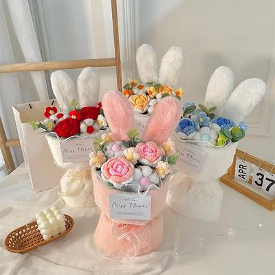 Buchet de flori tricotate cu ureche de iepure, buchet de pluș, frânghie de bumbac, buchet de trandafiri artificiali
