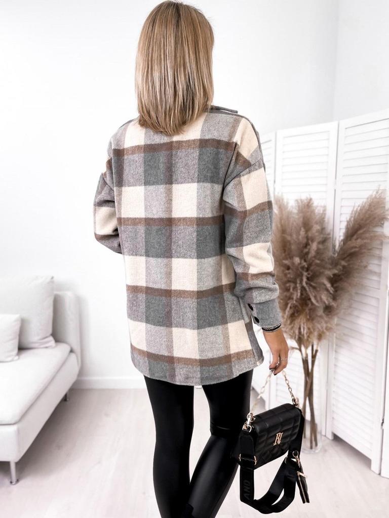 2021 Plaid Print Long Sleeve Woolen Coat with Shirt Collar