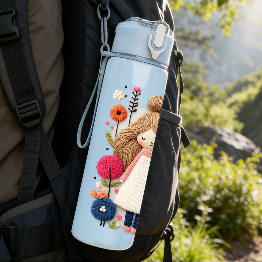 1PC Cute Standing Vintage Doll Art Print 750ml Color Plastic Sports Water Bottle Leakproof Flip Straw Lid Suitable for Sports Office Home Use