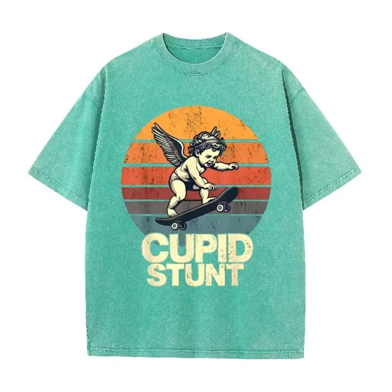 T-shirt Oversize Délavé Acide Graphique Skate Rétro Beige « Cupid Stunt »