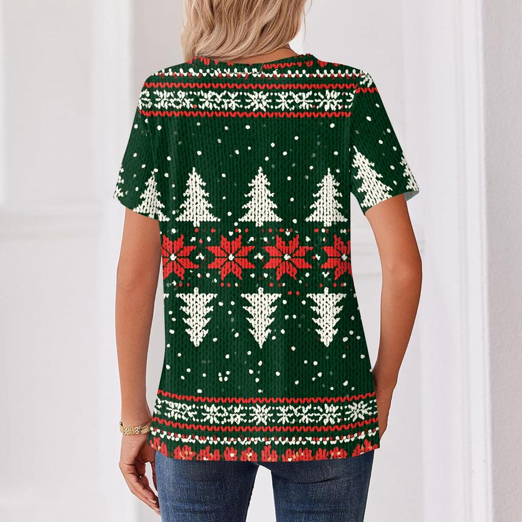 Women's Christmas Printed V-Neck Short Sleeve Button T-Shirt Casual Holiday Top