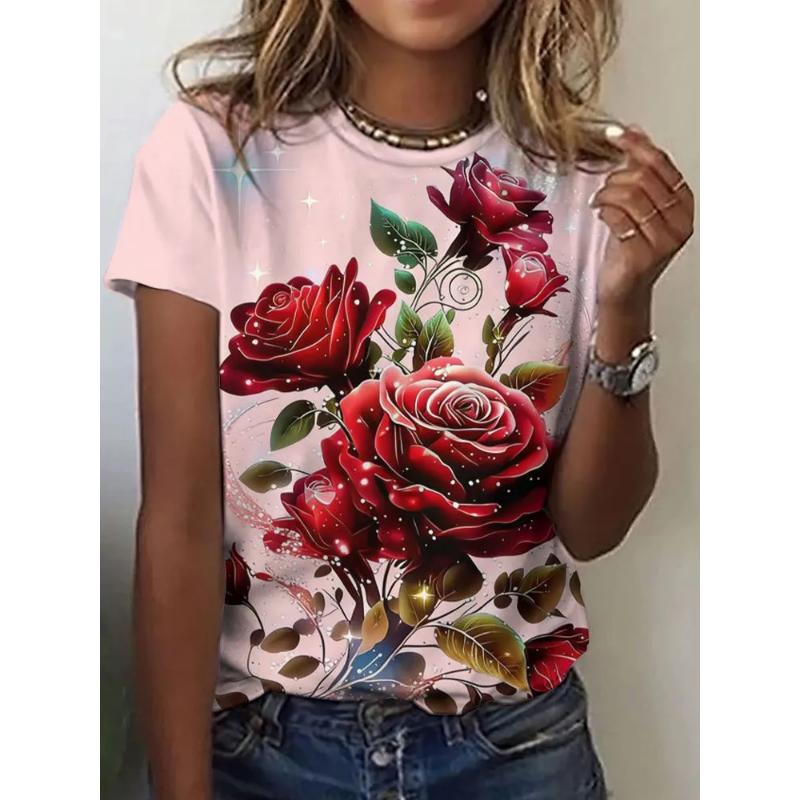 Fashion Women's Flower Short Sleeve 3D Flower Short Sleeve Crew Neck T-Shirt Crew Neck Short Sleeve