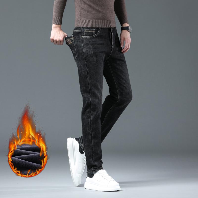 Winter Men Fleece Warm Jeans Classic Style Business Casual Thicken Velvet Slim Denim Pants Brand Trousers Male Size 28-42