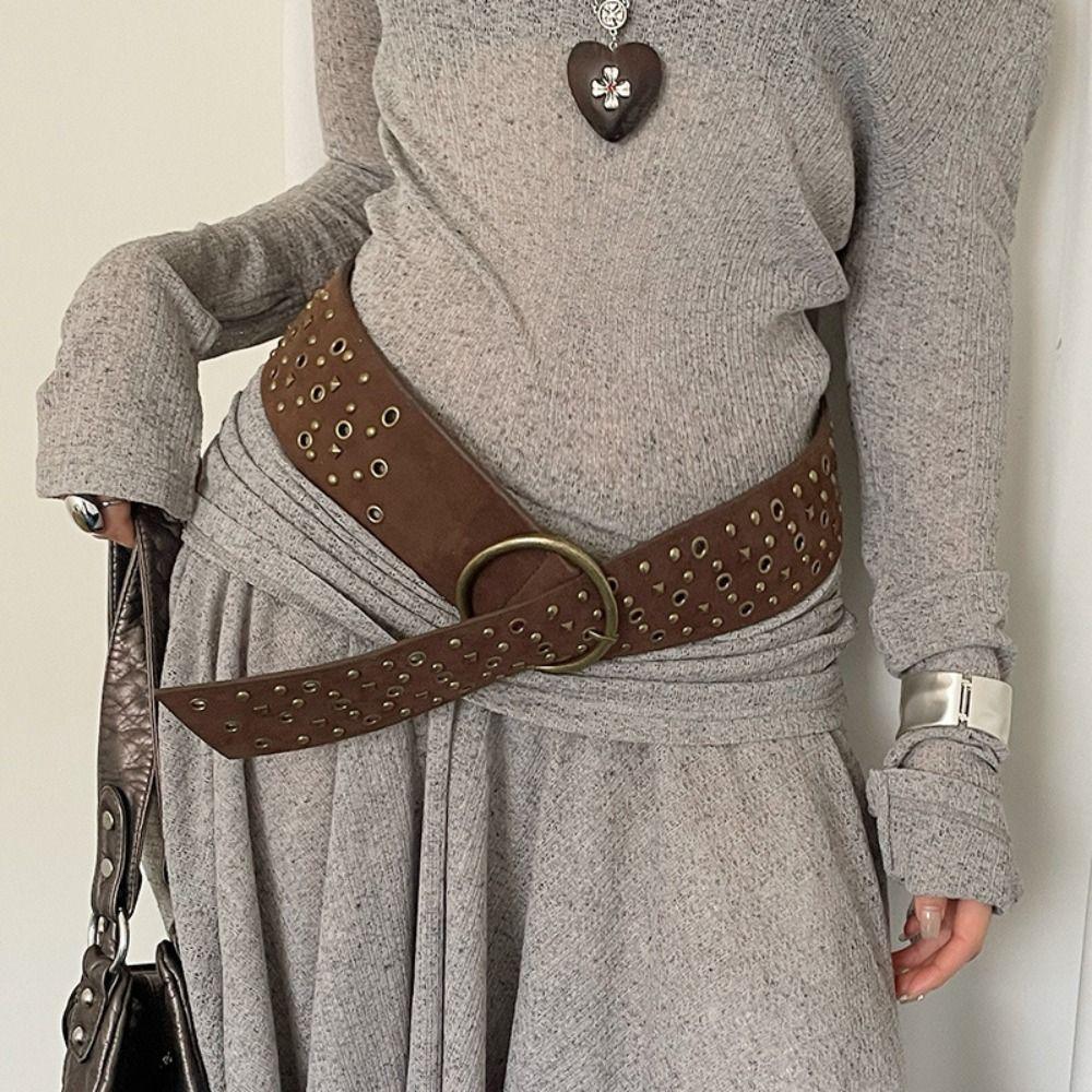 Harajuku Wide Waistband Rivet PU Leather Belt Retro Cowgirl Belt  Dress