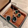 Temperament Fashion Emerald Pendant Necklace Inlaid Fat Rectangle Green Diamond Stud Earrings Live Ring Treasure Suit Women
