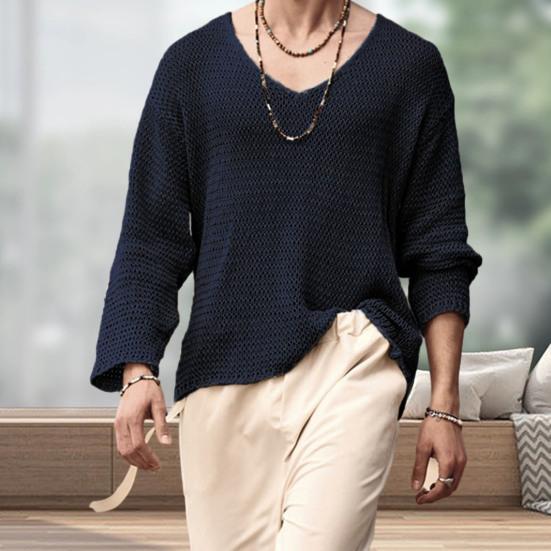 Spring Autumn Men Pullover Sweater V-Neck Long Sleeve Solid Color Knitted Tops Hollow