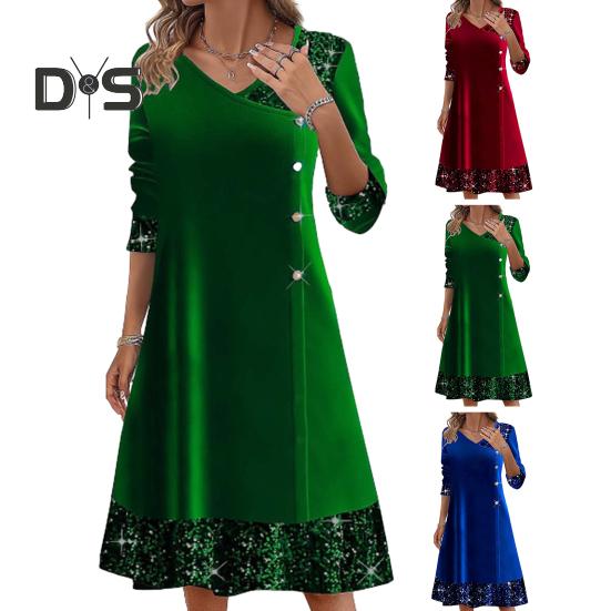 Fall Winter Women Dress Shiny Sequin Patchwork V Neck A Line Big Swing Long Sleeve Button Decor Solid Color Soft Warm Mid Calf Length Lady Midi Dress