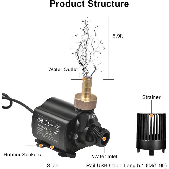 Pompe DC 12V submersible/amphibie 800 L/h - Hauteur 5 m, moteur brushless, faible bruit